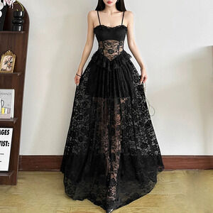 Zara Summer Sheer Corset Design Black Lace Strap Maxi Dress
